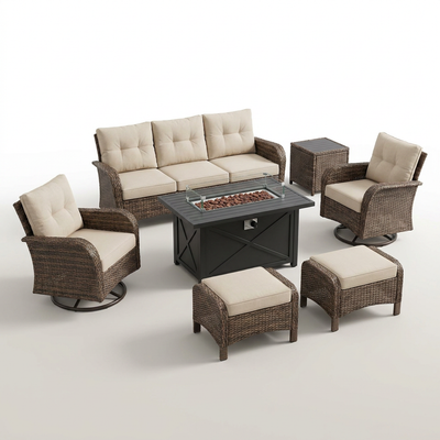 Outdoor Patio Furniture Set Built for Year-Round Entertaining, 7 Piece with Fire Pit, Rattan Wicker, Beige Cushions