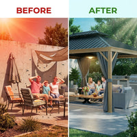 12 Ft. X 16 Ft. Double Roof Hardtop Wood Grain Aluminum Patio Gazebo with Netting and Gray Curtains — Before & After