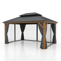 12 Ft. X 16 Ft. Double Roof Hardtop Wood Grain Aluminum Patio Gazebo with Netting and Gray Curtains — Studio Shot