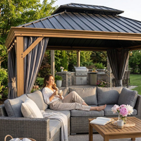 12 Ft. X 16 Ft. Double Roof Hardtop Wood Grain Aluminum Patio Gazebo with Netting and Gray Curtains — Lifestyle