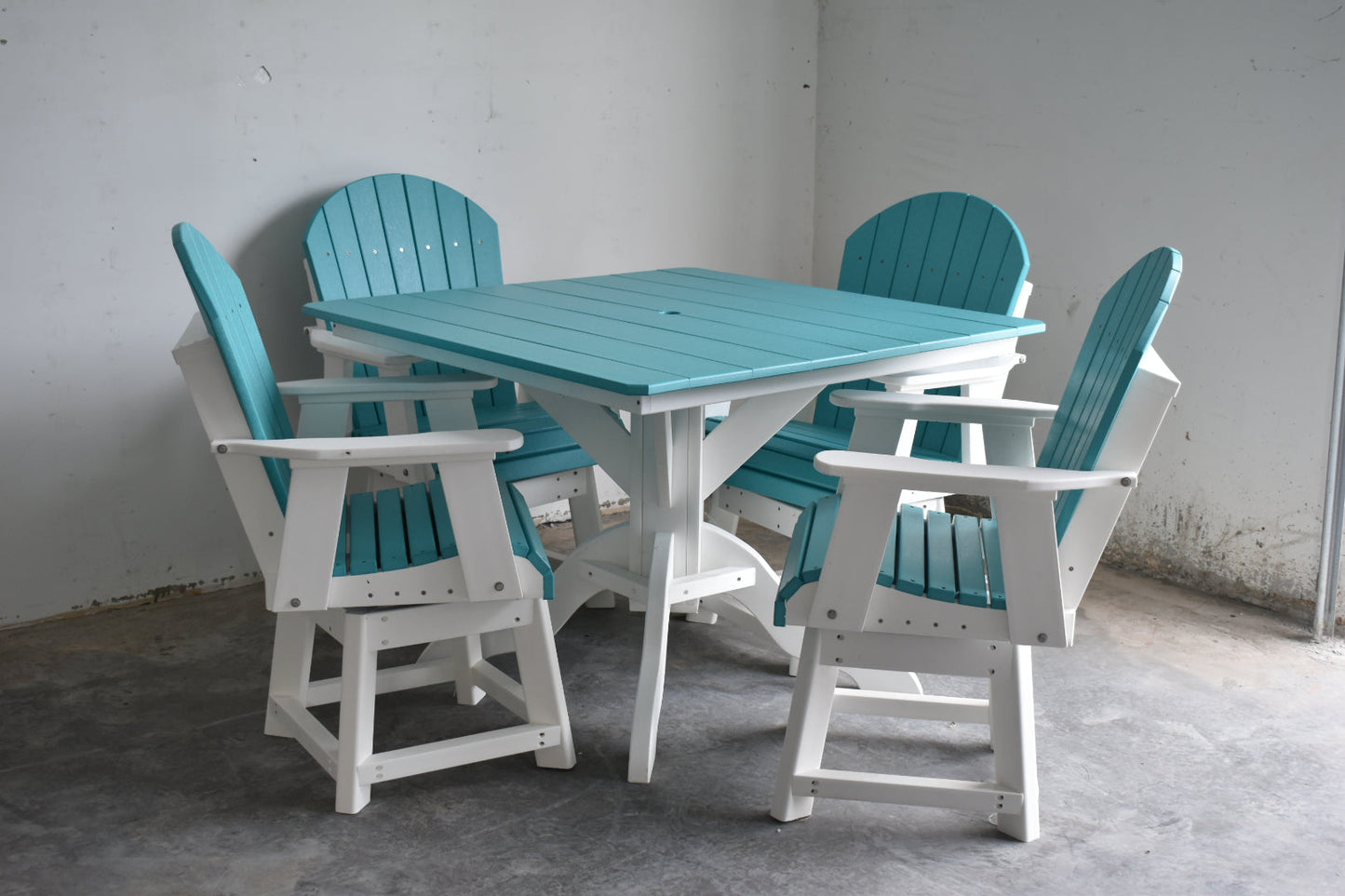 5 pc Table Set - 42" Square Table with 4x Swivel Adirondack Chairs - In Dining, Counter & Bar Height