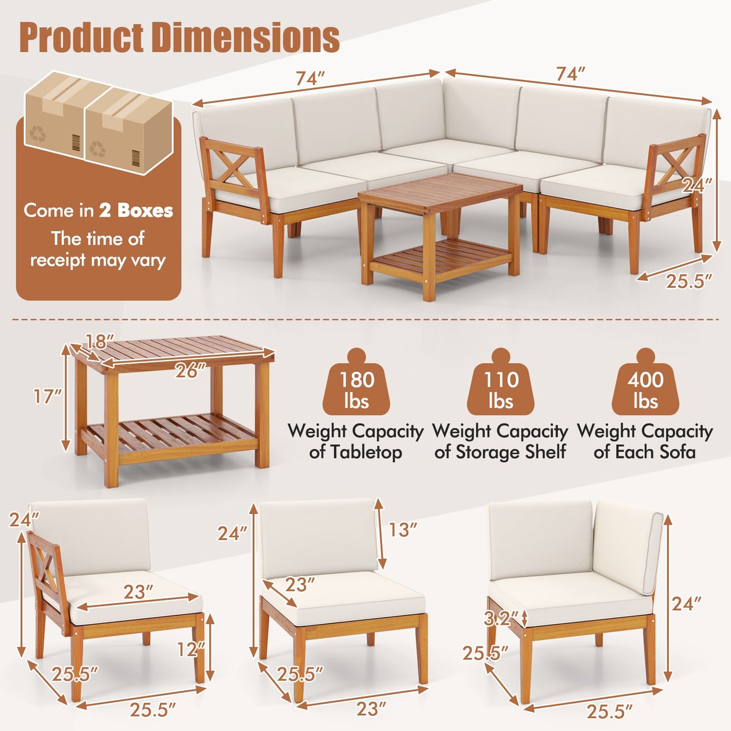 6 Pieces Acacia Wood Patio Furniture Set with Cushions and 2-Tier Coffee Table-White