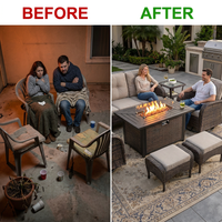 7 Piece Outdoor Patio Furniture Set, Patio Furniture Set with Fire Pit Table Rattan Wicker Patio Furniture Set, Brown Wicker & Beige Cushion — Before & After