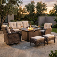 7 Piece Outdoor Patio Furniture Set, Patio Furniture Set with Fire Pit Table Rattan Wicker Patio Furniture Set, Brown Wicker & Beige Cushion — Studio Shot