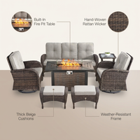 7 Piece Outdoor Patio Furniture Set, Patio Furniture Set with Fire Pit Table Rattan Wicker Patio Furniture Set, Brown Wicker & Beige Cushion — infographic