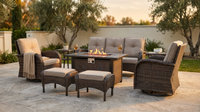 7 Piece Outdoor Patio Furniture Set, Patio Furniture Set with Fire Pit Table Rattan Wicker Patio Furniture Set, Brown Wicker & Beige Cushion — Lifestyle
