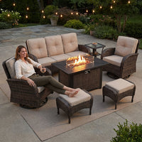 7 Piece Outdoor Patio Furniture Set, Patio Furniture Set with Fire Pit Table Rattan Wicker Patio Furniture Set, Brown Wicker & Beige Cushion — Lifestyle
