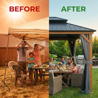 Outdoor Gazebo Designed for Year-Round Entertaining, 12x16 Double Roof, Wood Grain Aluminum, 185 Sq Ft — Before & After