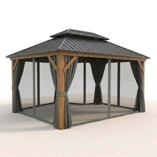 Outdoor Gazebo Designed for Year-Round Entertaining, 12x16 Double Roof, Wood Grain Aluminum, 185 Sq Ft — Studio Shot