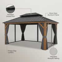 Outdoor Gazebo Designed for Year-Round Entertaining, 12x16 Double Roof, Wood Grain Aluminum, 185 Sq Ft — infographic