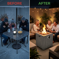 Outdoor Propane Fire Pit, 30000 BTU Column Propane Fire Pit, Wood-Look Surface — Before & After