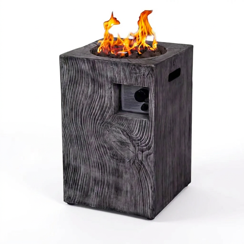 Outdoor Propane Fire Pit, 30000 BTU Column Propane Fire Pit, Wood-Look Surface — Studio Shot