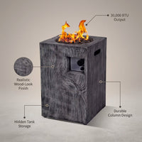 Outdoor Propane Fire Pit, 30000 BTU Column Propane Fire Pit, Wood-Look Surface — infographic