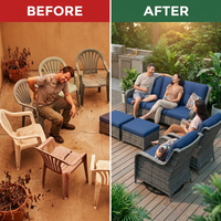 Patio Furniture Set 6-Piece Outdoor Patio Conversation Set with Blue Cushions Lawn Furniture — Before & After