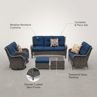 Patio Furniture Set 6-Piece Outdoor Patio Conversation Set with Blue Cushions Lawn Furniture — infographic