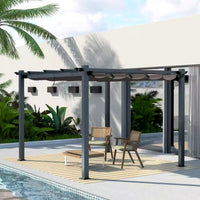 Aluminum Pergola Built for Outdoor Shade, 10x10 Ft Coverage, Retractable Dark Gray Canopy, Modern Frame
