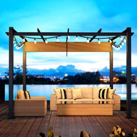 Aluminum Pergola Built for Outdoor Shade, 10x10 Ft Coverage, Retractable Dark Gray Canopy, Modern Frame