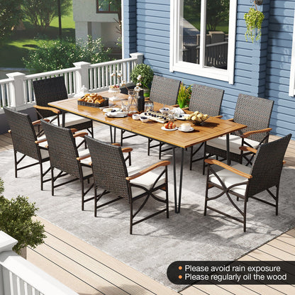 Wicker Patio Furniture Set of 8 Armchairs with Soft Cushions and Acacia Wood Square Table